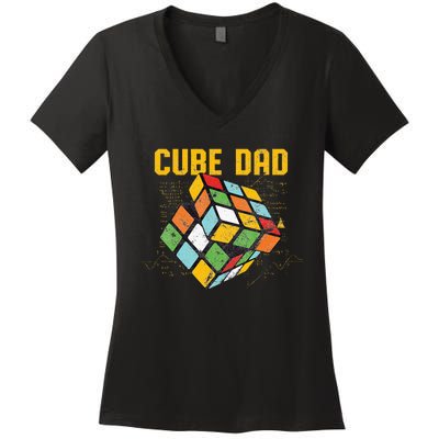 Puzzle Cube Dad Speed Cubing 80's  Women's V-Neck T-Shirt