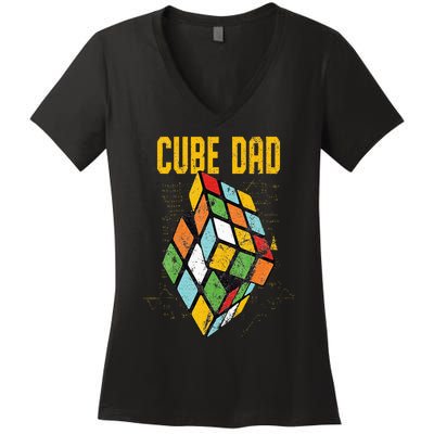 Puzzle Cube Dad Speed Cubing 80's Vintage Math Women's V-Neck T-Shirt