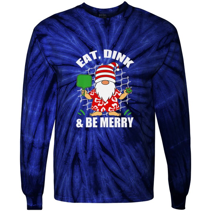 Pickleball Christmas Eat Dink And Be Merry Pickleball Santa Tie-Dye Long Sleeve Shirt