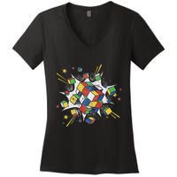 Puzzle Cube Exploding Speed Cubing 80S Vintage Math Women's V-Neck T-Shirt