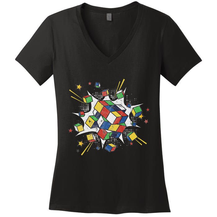 Puzzle Cube Exploding Speed Cubing 80S Vintage Math Women's V-Neck T-Shirt