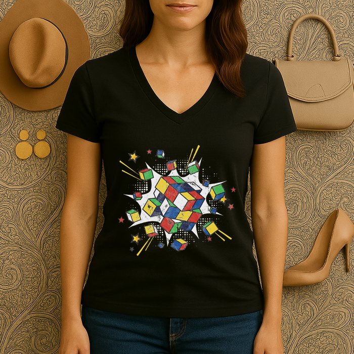 Puzzle Cube Exploding Speed Cubing 80S Vintage Math Women's V-Neck T-Shirt