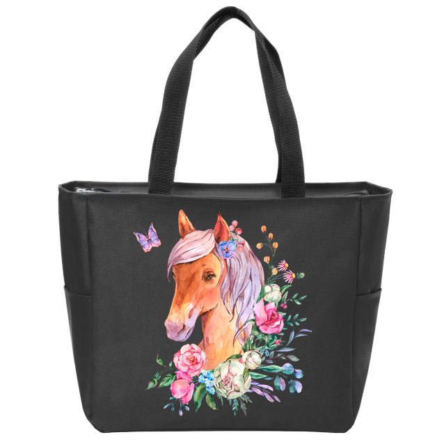 Pretty Colorful Flower Nature Horse Zip Tote Bag