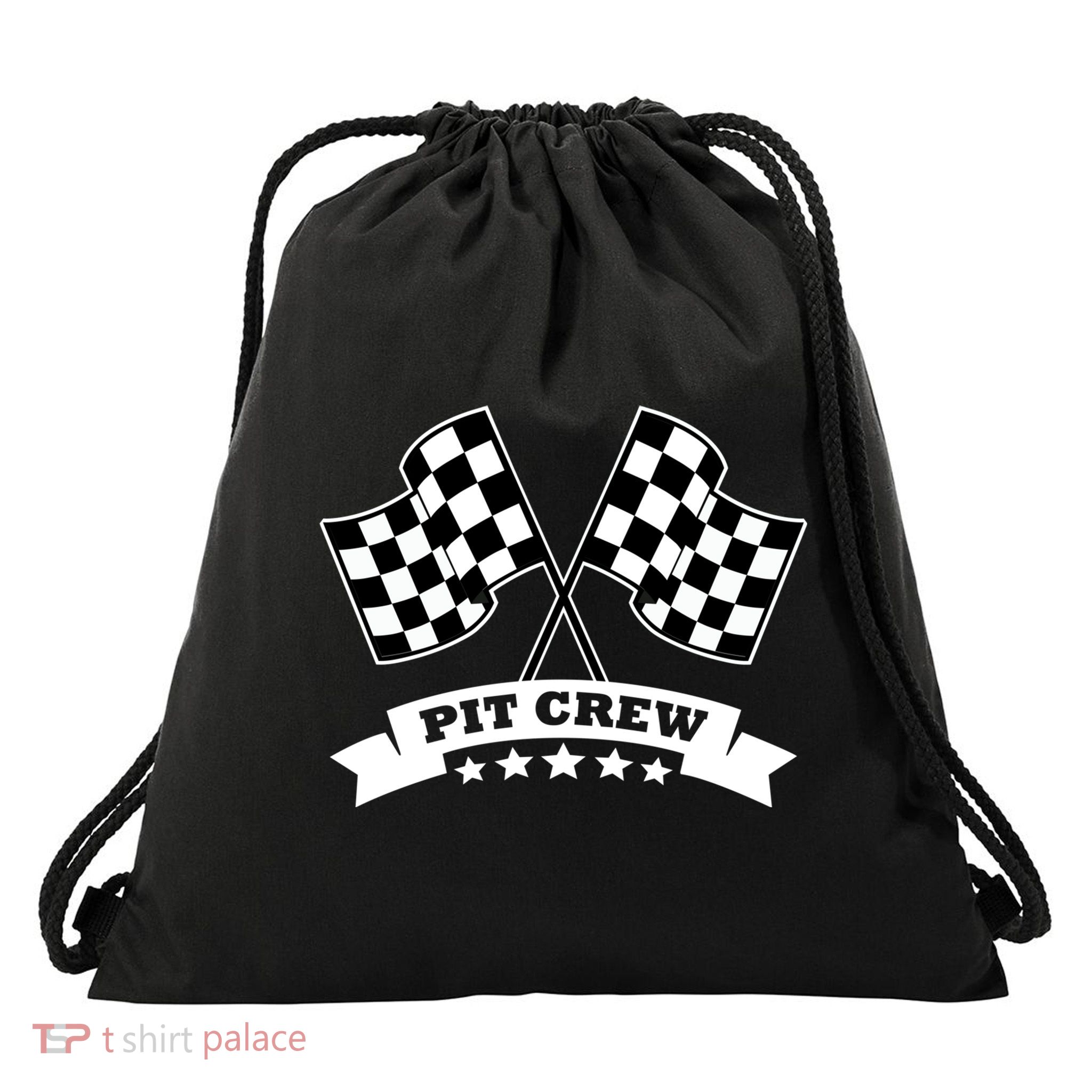 Pit Crew For Race Car Parties White Banner Drawstring Bag
