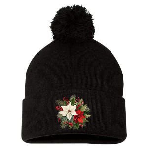 Poinsettia Christmas Flower Pom Pom 12in Knit Beanie