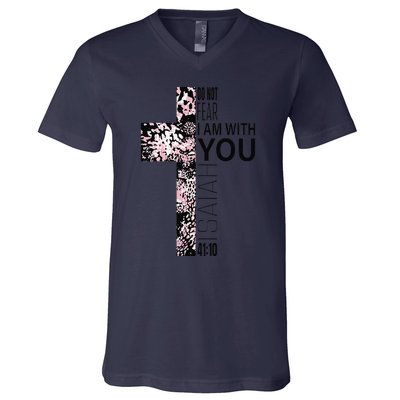 Pink Cross Faith Over Fear Christian Religious Verse Easter V-Neck T-Shirt