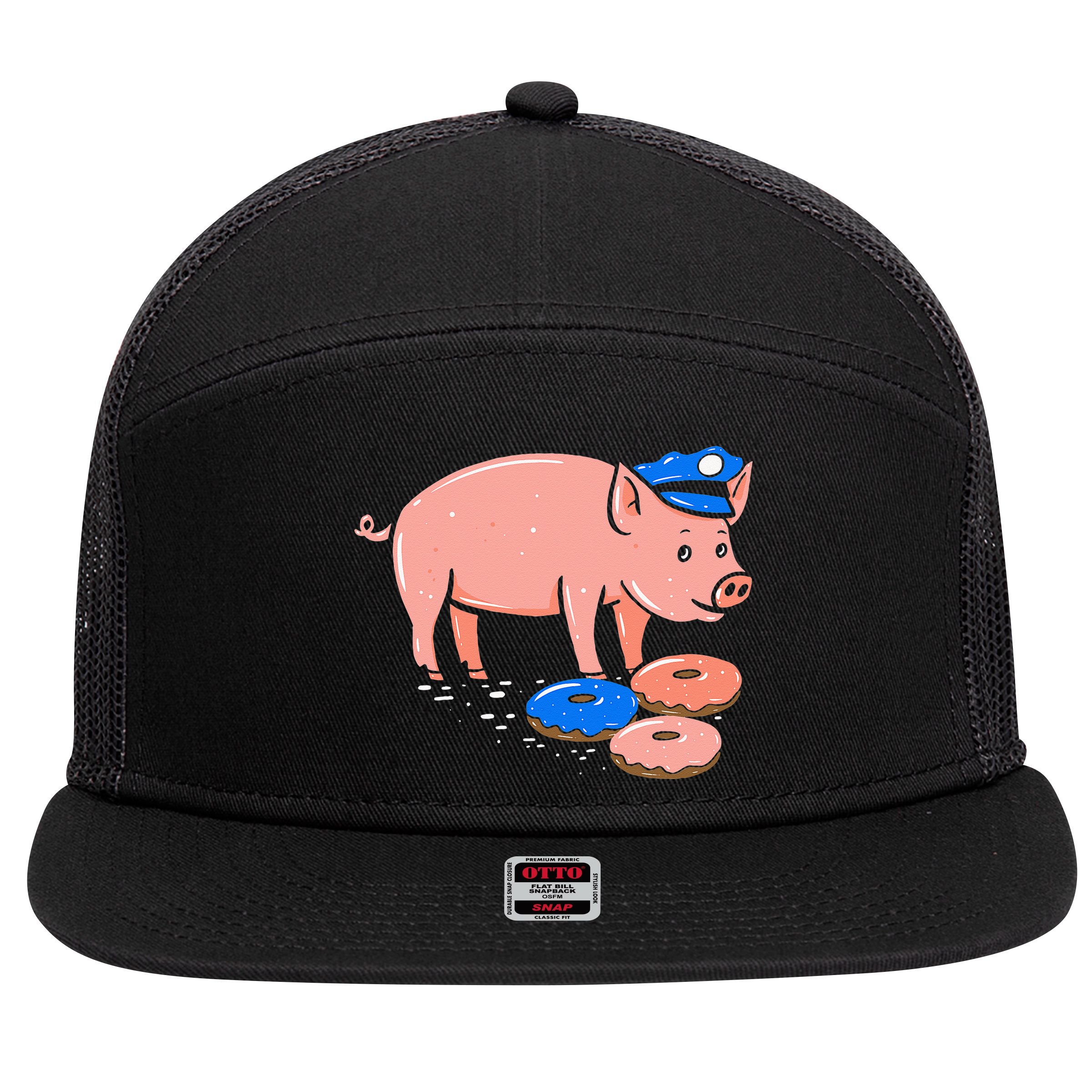 Pig Cop Funny Police Officer Doughnut Gift 7 Panel Mesh Trucker Snapback Hat
