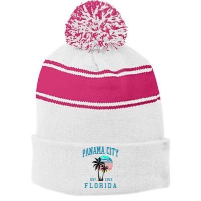 Panama City Florida Spring Vacations Beach Palm Trees Summer Stripe Pom Pom Beanie