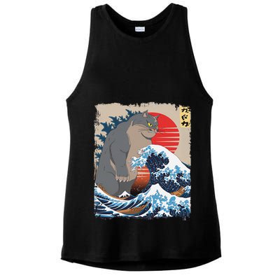 Persian Catzilla Funny Cat Ocean Waves Japanese Art Retro Ladies PosiCharge Tri-Blend Wicking Tank