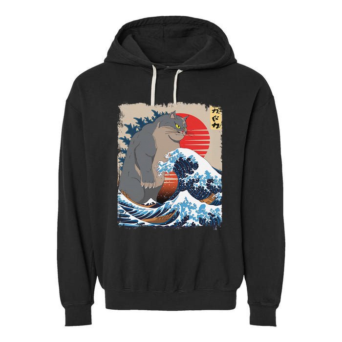 Persian Catzilla Funny Cat Ocean Waves Japanese Art Retro Garment-Dyed Fleece Hoodie