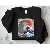 Persian Catzilla Funny Cat Ocean Waves Japanese Art Retro Sweatshirt