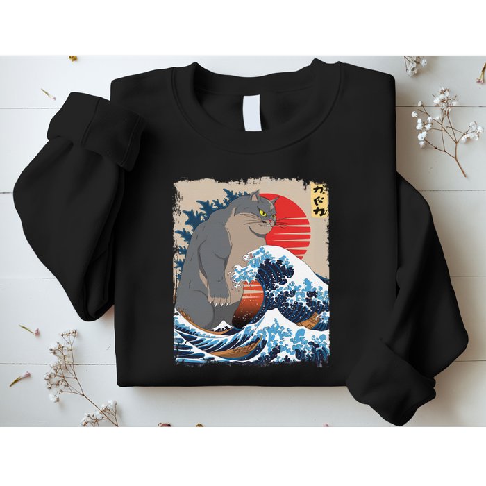 Persian Catzilla Funny Cat Ocean Waves Japanese Art Retro Sweatshirt