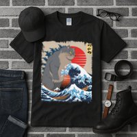 Persian Catzilla Funny Cat Ocean Waves Japanese Art Retro Tall T-Shirt