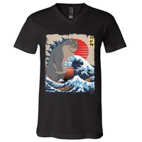 Persian Catzilla Funny Cat Ocean Waves Japanese Art Retro V-Neck T-Shirt