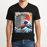 Persian Catzilla Funny Cat Ocean Waves Japanese Art Retro V-Neck T-Shirt