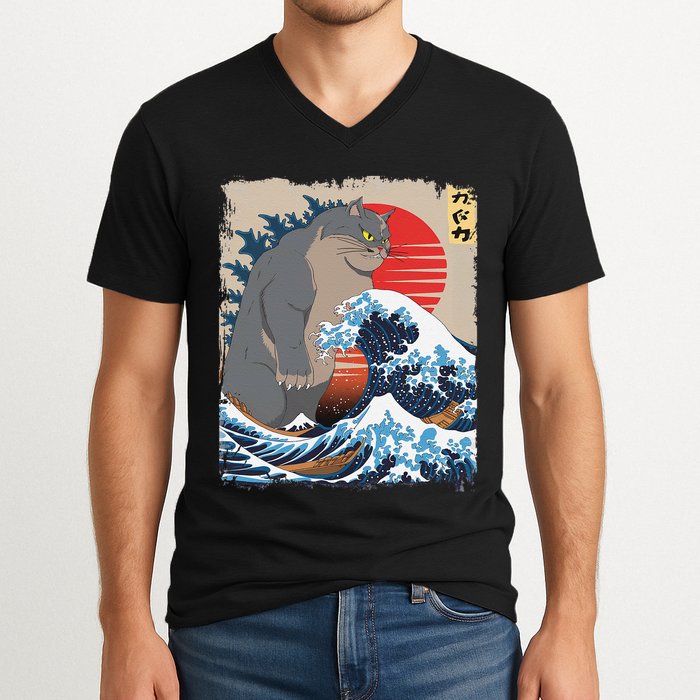 Persian Catzilla Funny Cat Ocean Waves Japanese Art Retro V-Neck T-Shirt
