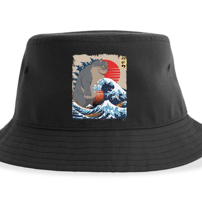 Persian Catzilla Funny Cat Ocean Waves Japanese Art Retro Sustainable Bucket Hat