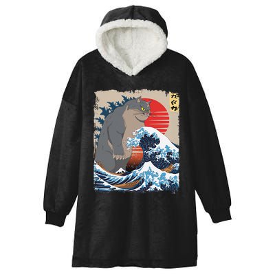 Persian Catzilla Funny Cat Ocean Waves Japanese Art Retro Hooded Wearable Blanket