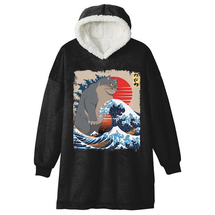 Persian Catzilla Funny Cat Ocean Waves Japanese Art Retro Hooded Wearable Blanket