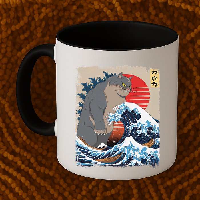 Persian Catzilla Funny Cat Ocean Waves Japanese Art Retro Mug