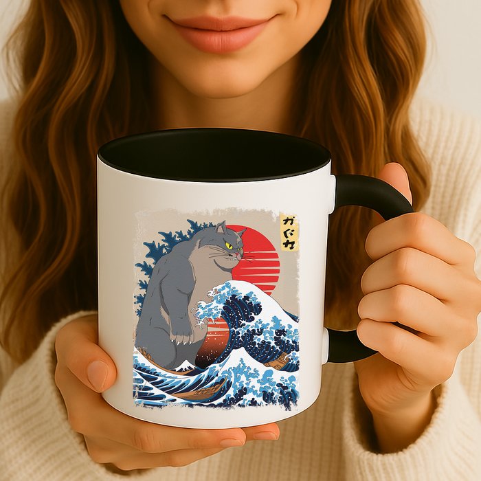 Persian Catzilla Funny Cat Ocean Waves Japanese Art Retro Mug