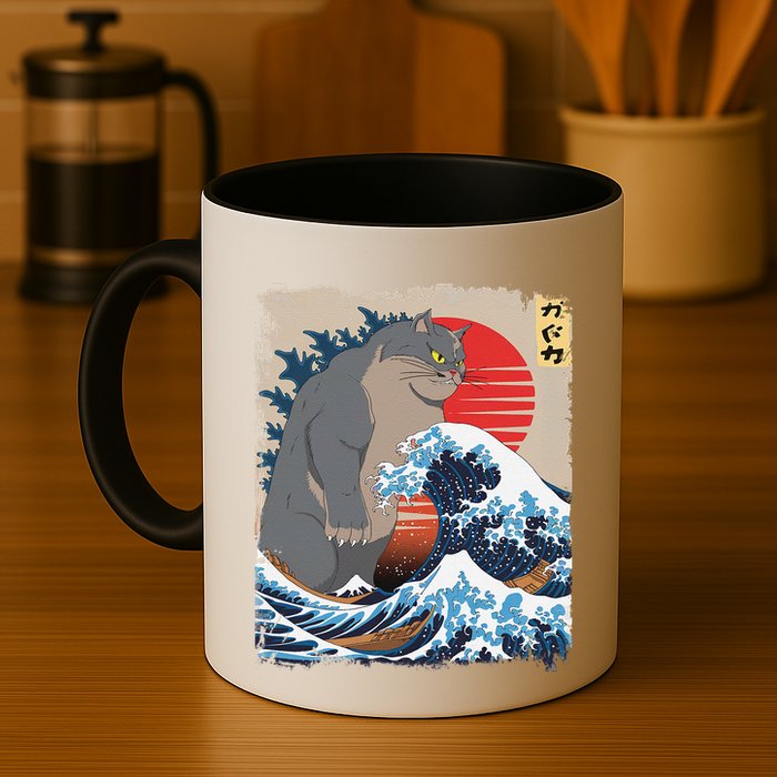 Persian Catzilla Funny Cat Ocean Waves Japanese Art Retro Mug