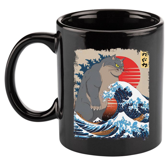 Persian Catzilla Funny Cat Ocean Waves Japanese Art Retro 11oz C Handle Ceramic Mug