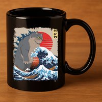 Persian Catzilla Funny Cat Ocean Waves Japanese Art Retro 11oz C Handle Ceramic Mug