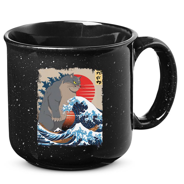 Persian Catzilla Funny Cat Ocean Waves Japanese Art Retro 15oz Campfire Ceramic Mug