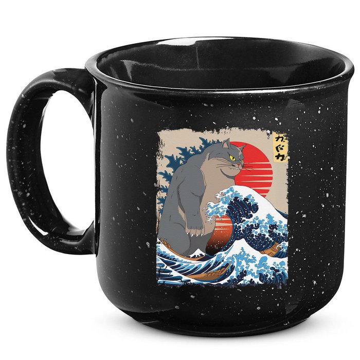 Persian Catzilla Funny Cat Ocean Waves Japanese Art Retro 15oz Campfire Ceramic Mug