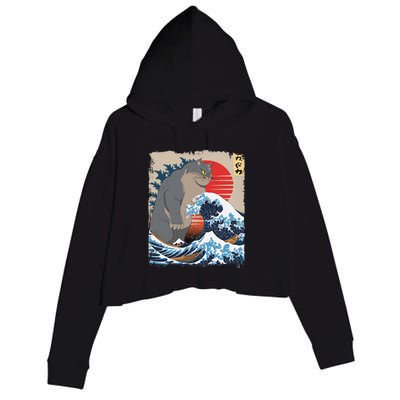 Persian Catzilla Funny Cat Ocean Waves Japanese Art Retro Crop Fleece Hoodie