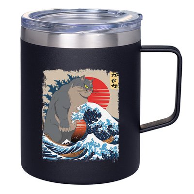 Persian Catzilla Funny Cat Ocean Waves Japanese Art Retro 12oz Stainless Steel Coffee Mug