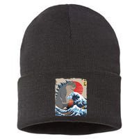 Persian Catzilla Funny Cat Ocean Waves Japanese Art Retro Sustainable Knit Beanie