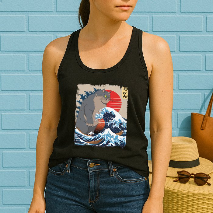 Persian Catzilla Funny Cat Ocean Waves Japanese Art Retro Womens Tank Top