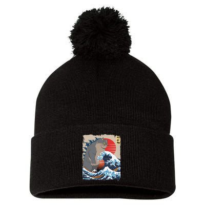 Persian Catzilla Funny Cat Ocean Waves Japanese Art Retro Pom Pom 12in Knit Beanie