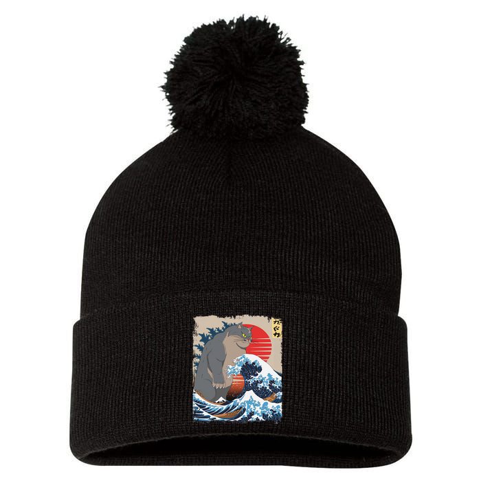 Persian Catzilla Funny Cat Ocean Waves Japanese Art Retro Pom Pom 12in Knit Beanie