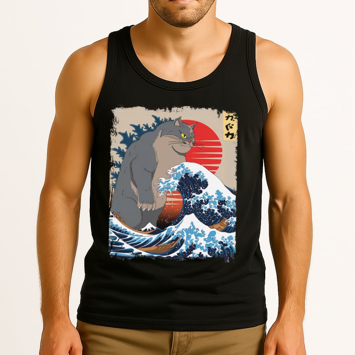 Persian Catzilla Funny Cat Ocean Waves Japanese Art Retro Tank Top