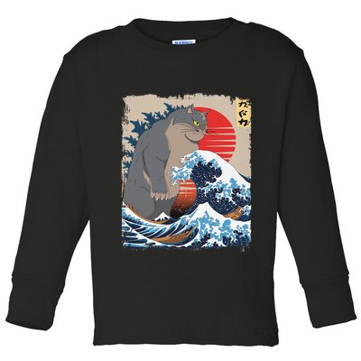 Persian Catzilla Funny Cat Ocean Waves Japanese Art Retro Toddler Long Sleeve Shirt