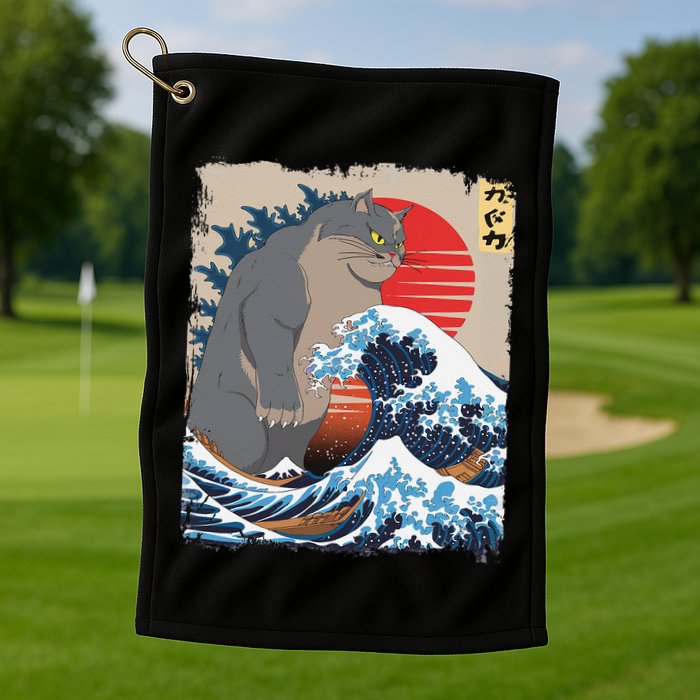 Persian Catzilla Funny Cat Ocean Waves Japanese Art Retro Golf Towel