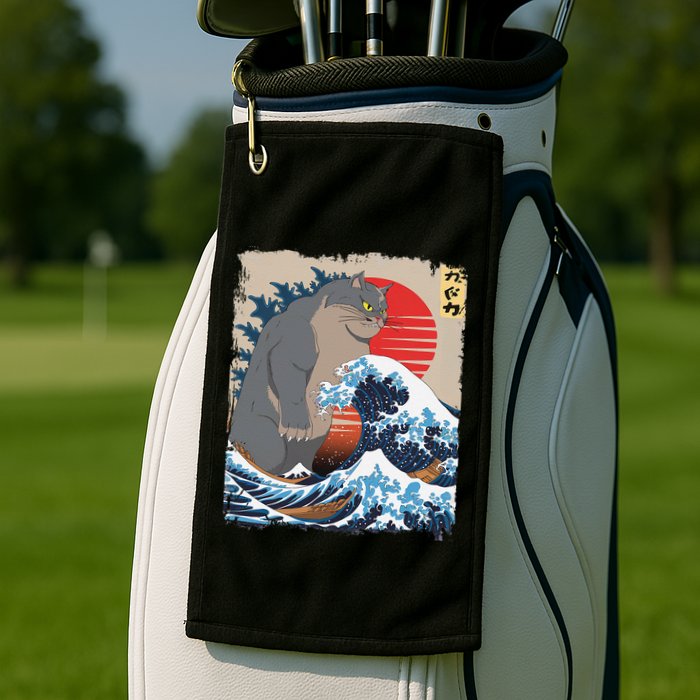 Persian Catzilla Funny Cat Ocean Waves Japanese Art Retro Golf Towel