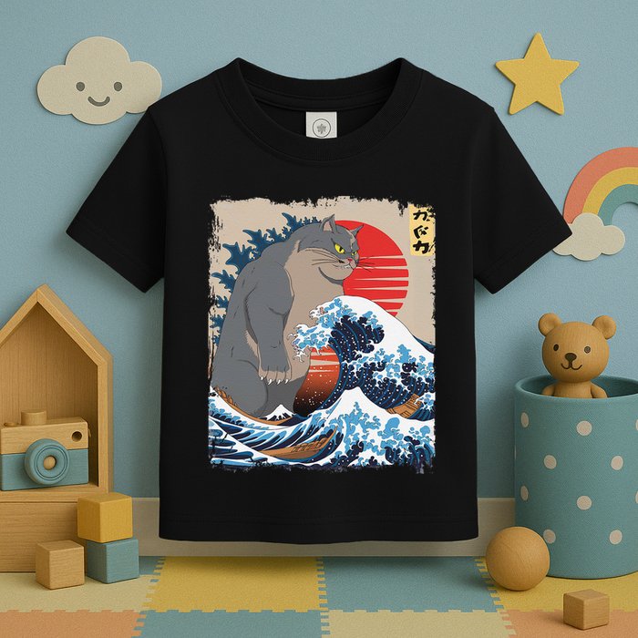 Persian Catzilla Funny Cat Ocean Waves Japanese Art Retro Toddler T-Shirt