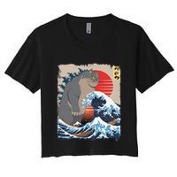 Persian Catzilla Funny Cat Ocean Waves Japanese Art Retro Crop Top
