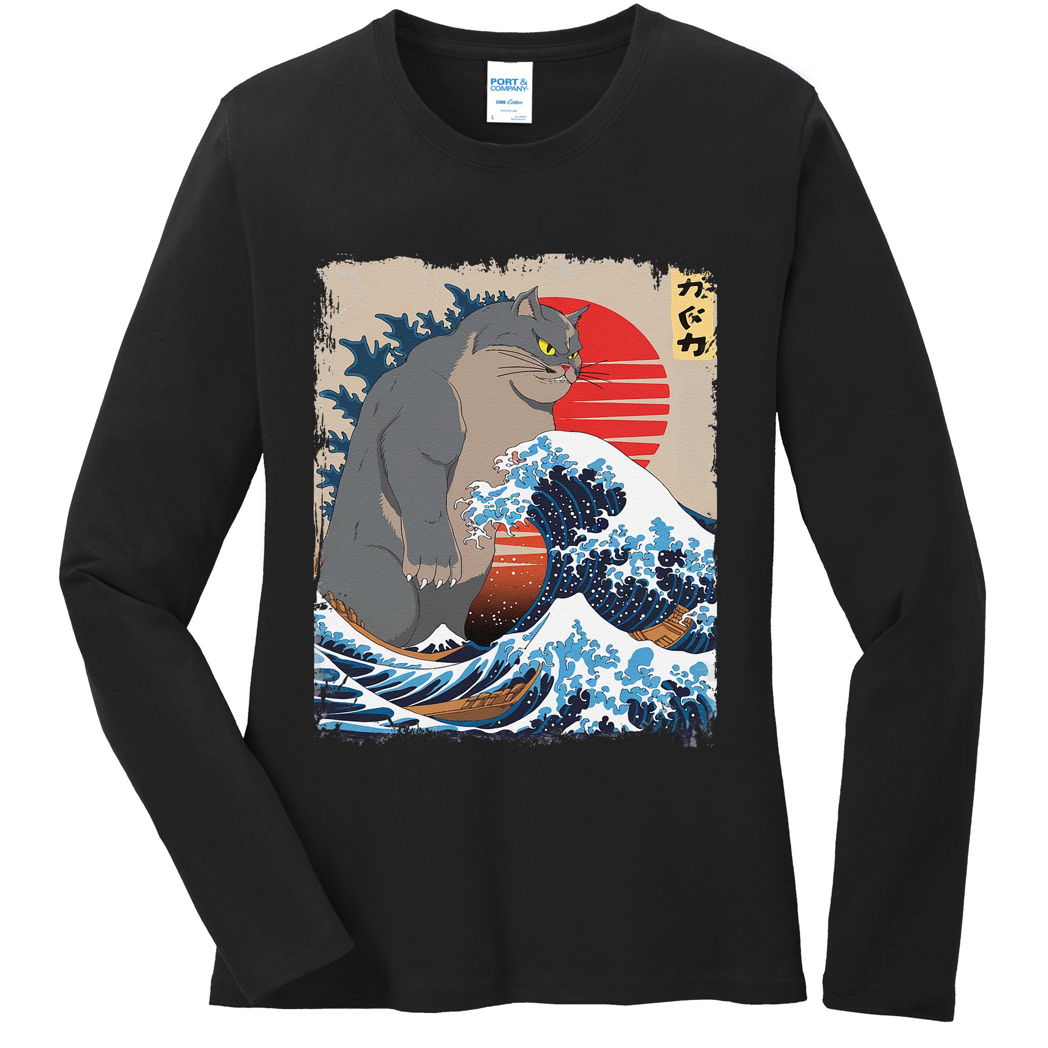 Persian Catzilla Funny Cat Ocean Waves Japanese Art Retro Ladies Long Sleeve Shirt