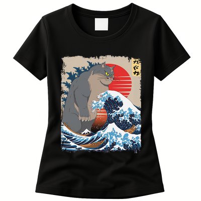 Persian Catzilla Funny Cat Ocean Waves Japanese Art Retro Womens T-Shirt
