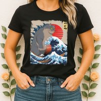 Persian Catzilla Funny Cat Ocean Waves Japanese Art Retro Womens T-Shirt