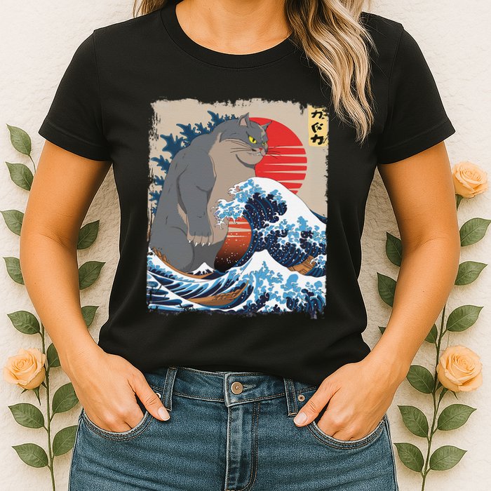 Persian Catzilla Funny Cat Ocean Waves Japanese Art Retro Womens T-Shirt