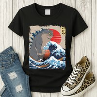 Persian Catzilla Funny Cat Ocean Waves Japanese Art Retro Womens T-Shirt
