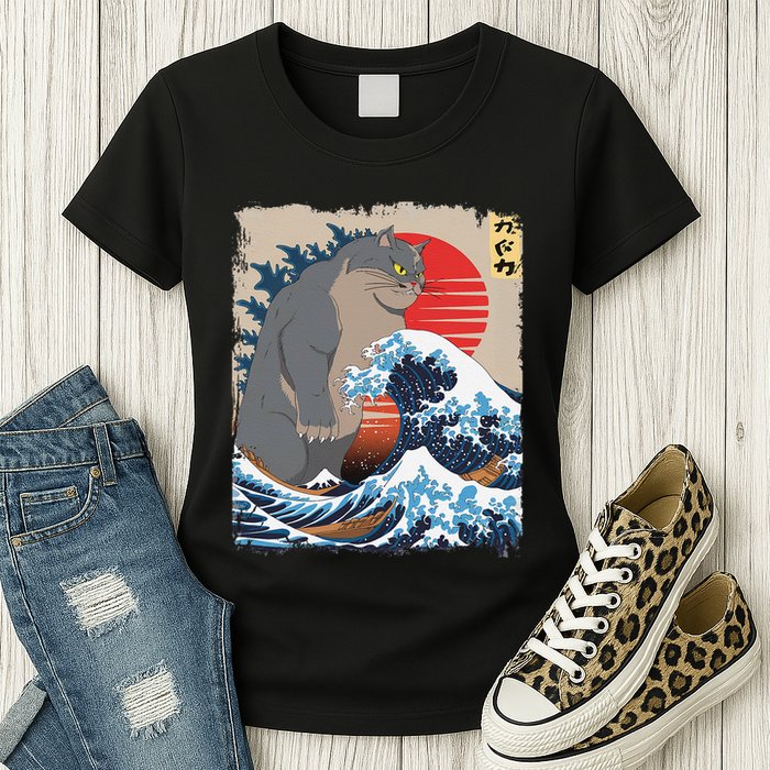 Persian Catzilla Funny Cat Ocean Waves Japanese Art Retro Womens T-Shirt