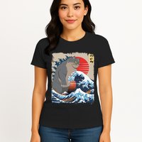 Persian Catzilla Funny Cat Ocean Waves Japanese Art Retro Womens T-Shirt