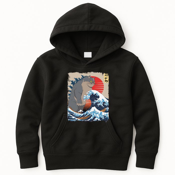 Persian Catzilla Funny Cat Ocean Waves Japanese Art Retro Kids Hoodie